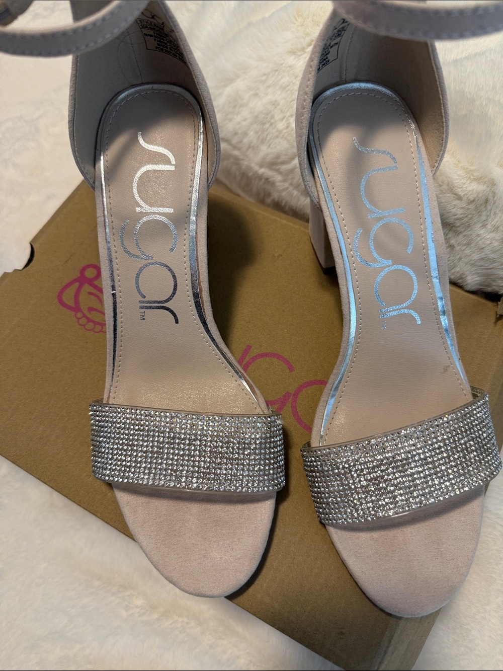 Sugar Rhinestone Nude Block Heel Sandals - Picture 3 of 11